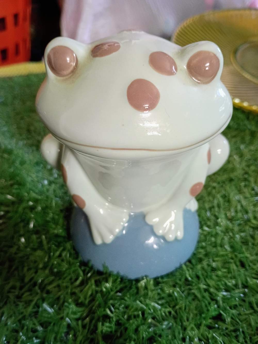 Ceramic Polka Dot Frog Bank - Light Green with Brown Spots
